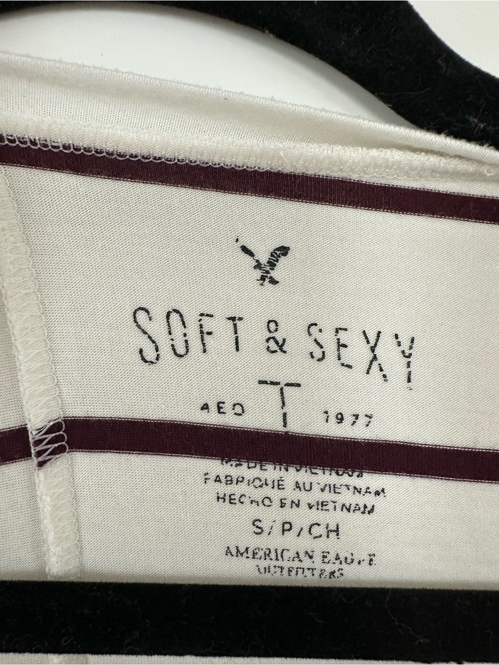 American Eagle Outfitters White Tee with Dark Maroon Stripes - Picture 3 of 3
